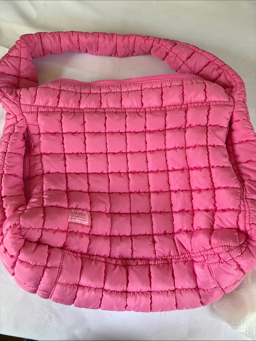 Simply Southern Pink Quilted Poly Puffy Ziptop Shoulder Bag Tote